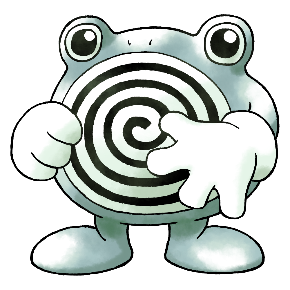 black_eyes, colored_skin, derivative_work, fewer_digits, full_body, gen_1_pokemon, gloves, grey_skin, hand_on_own_stomach, nintendo, no_humans, no_mouth, nostrils, open_hand, pokemon, pokemon_(creature), pokemon_focus, pokemon_red/green/blue/yellow_(prototype), poliwhirl, raciebeep, simple_background, solo, standing, sugimori_ken_(style), swirl, transparent_background, watercolor_effect, white_gloves