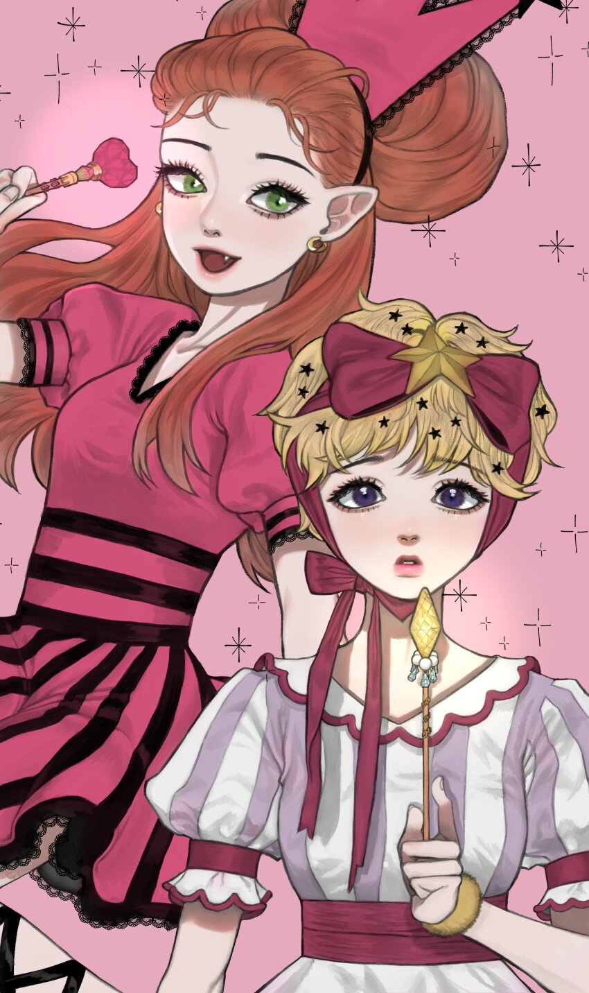 2girls, 88ssgass88, absurdres, bad_id, bad_twitter_id, blonde_hair, bracelet, chocolat_meilleure, dress, earrings, fangs, green_eyes, highres, holding, holding_wand, jewelry, looking_at_viewer, magical_girl, makeup, mascara, multiple_girls, orange_hair, pink_background, pink_eyes, pointy_ears, short_hair, simple_background, sparkle, sugar_sugar_rune, vanilla_mieux, wand