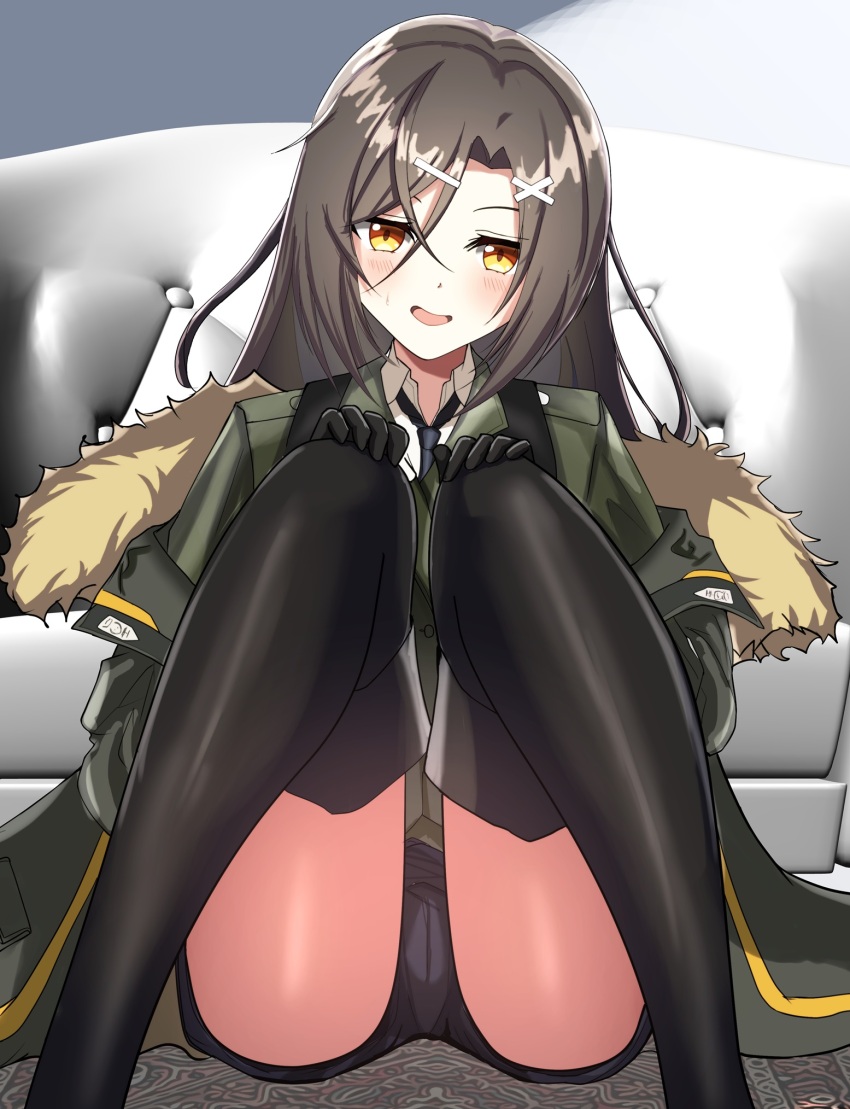 1girl, 3d_background, black_necktie, black_thighhighs, blush, brown_hair, cameltoe, christina_brecht