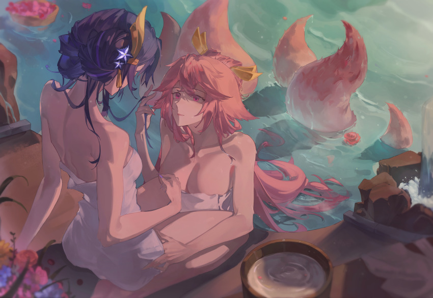 2girls, absurdres, animal_ears, back, bare_arms, bare_back, bare_shoulders, blurry