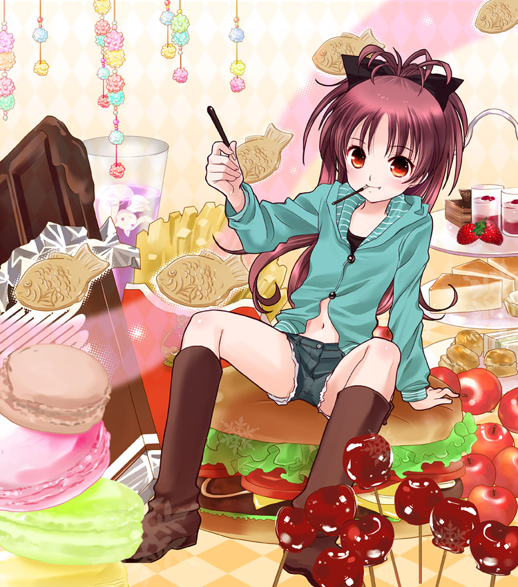 10s, 1girl, apple, arm_support, blush, boots, burger, cake