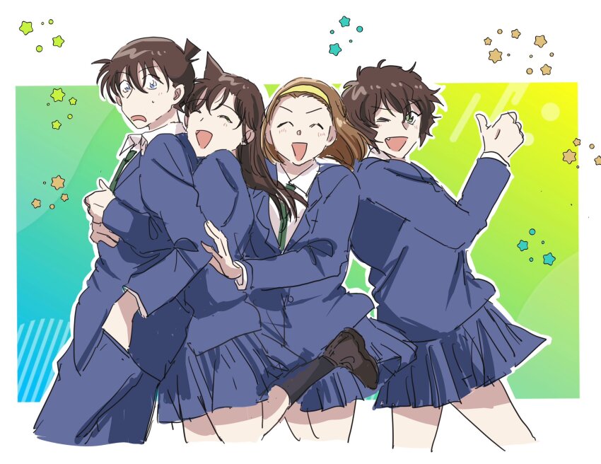 1boy, 3girls, ^_^, beeemaru02, blue_jacket, blue_skirt, closed_eyes, commentary_request