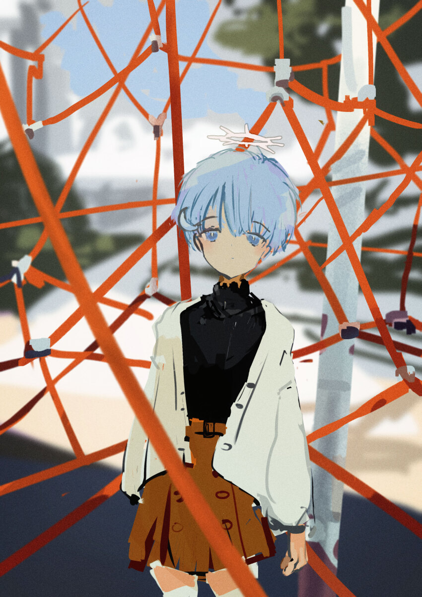 1girl, absurdres, alternate_costume, alternate_hairstyle, arms_at_sides, black_shirt, blue_eyes, blue_hair