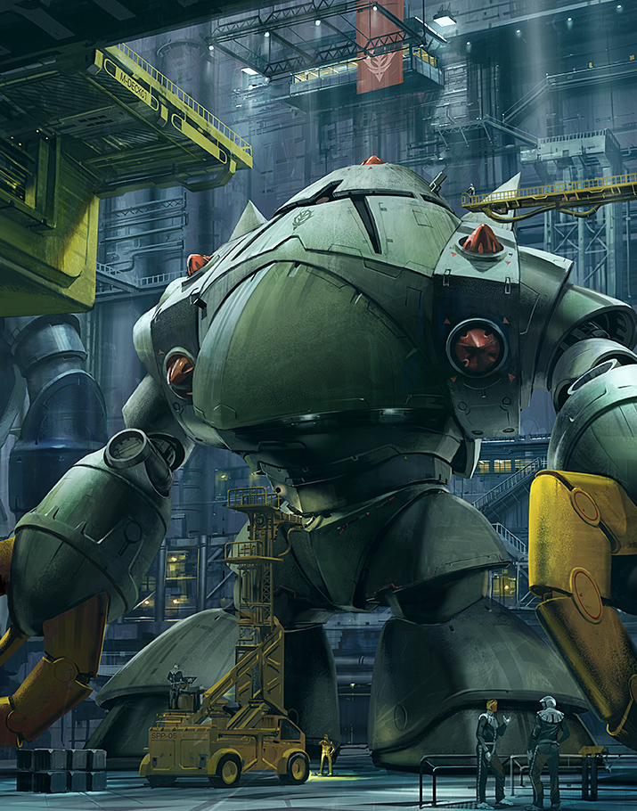 4boys, gundam, hangar, male_focus, mecha, mobile_suit_gundam, multiple_boys, noba, pilot, pilot_suit, realistic, robot, z'gok, zeon, zock