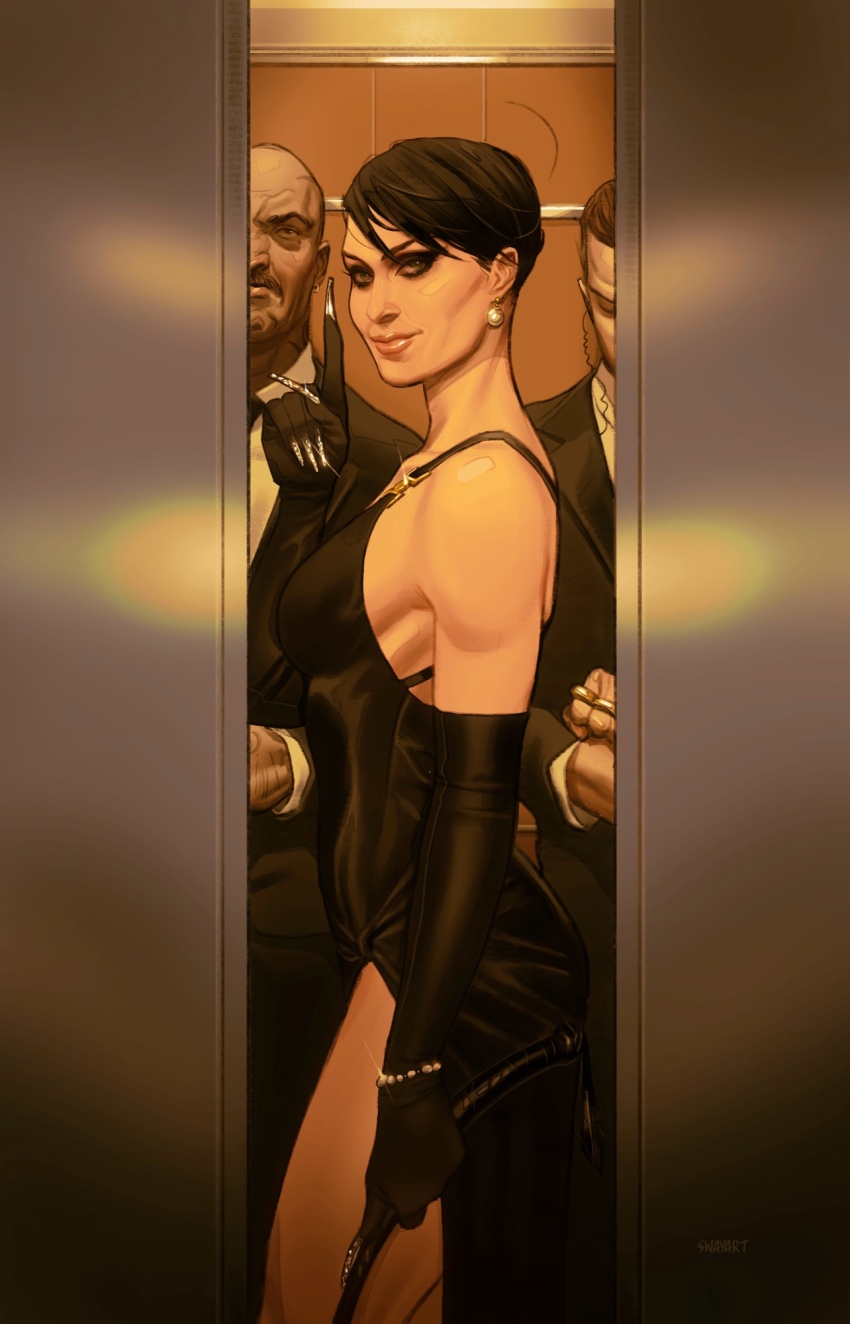 1girl, 2boys, batman_(series), black_dress, black_gloves, black_hair, black_jacket, black_suit