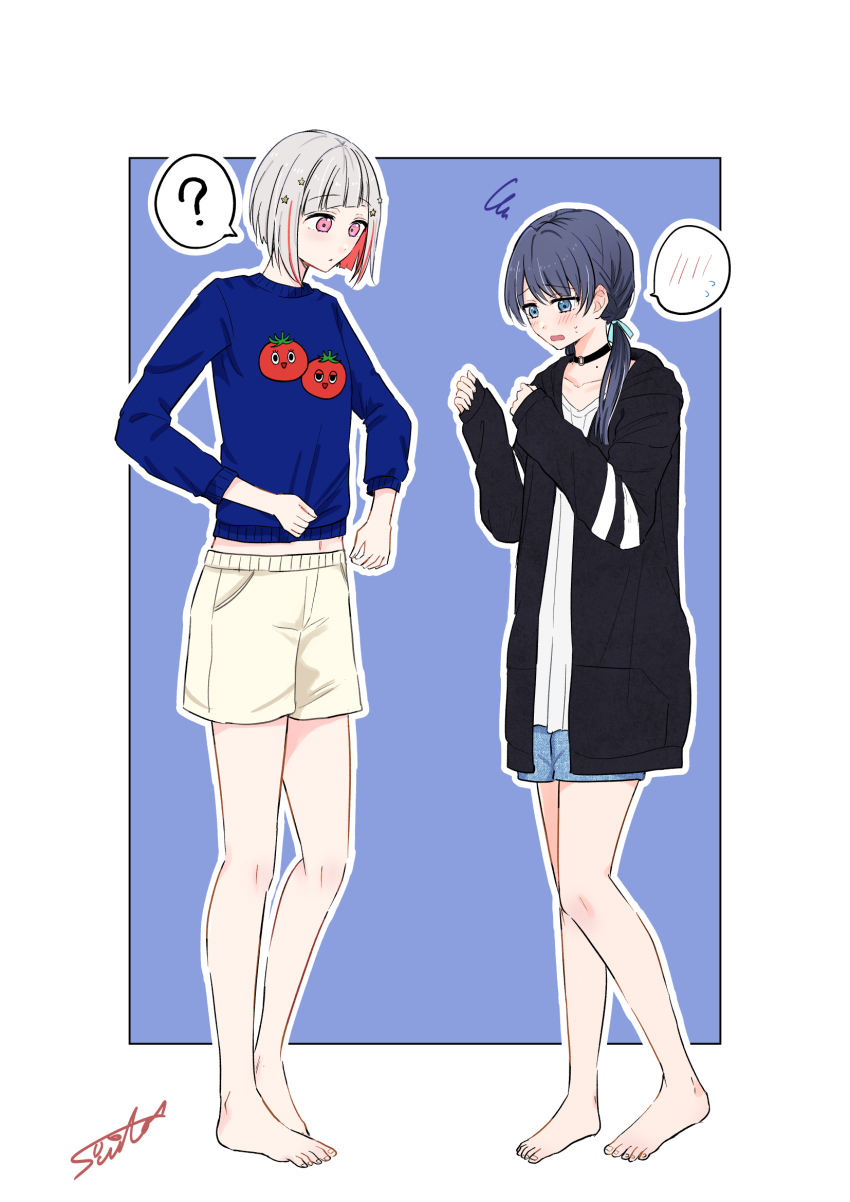 2girls, ?, barefoot, black_jacket, blue_background, blue_eyes, blue_hair, blue_ribbon