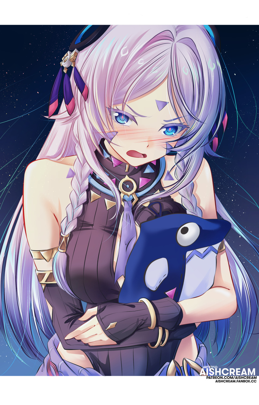 1girl, absurdres, aishcream24, armlet, arms_under_breasts, artist_name, bare_shoulders, black_leotard