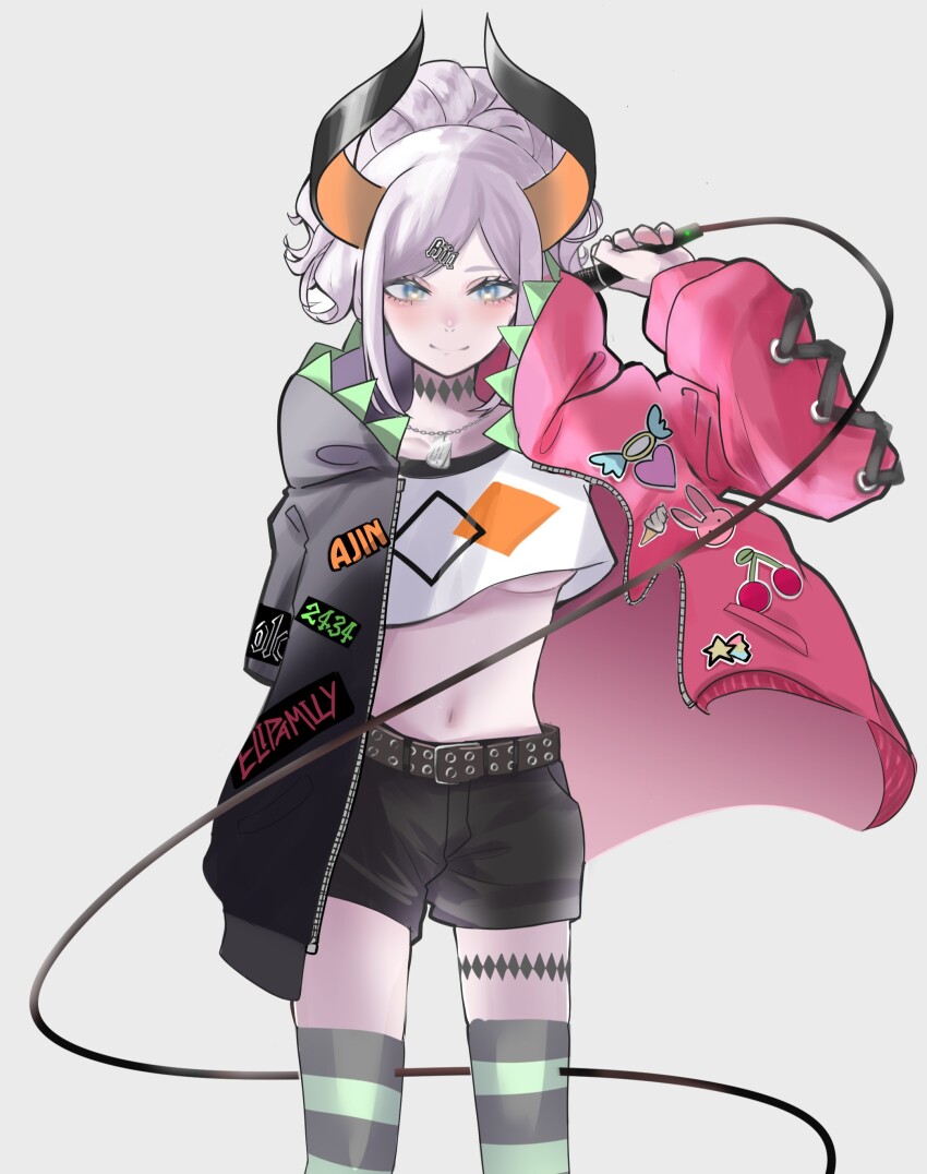 1girl, absurdres, belt, black_horns, black_shorts, blue_eyes, blush, closed_mouth