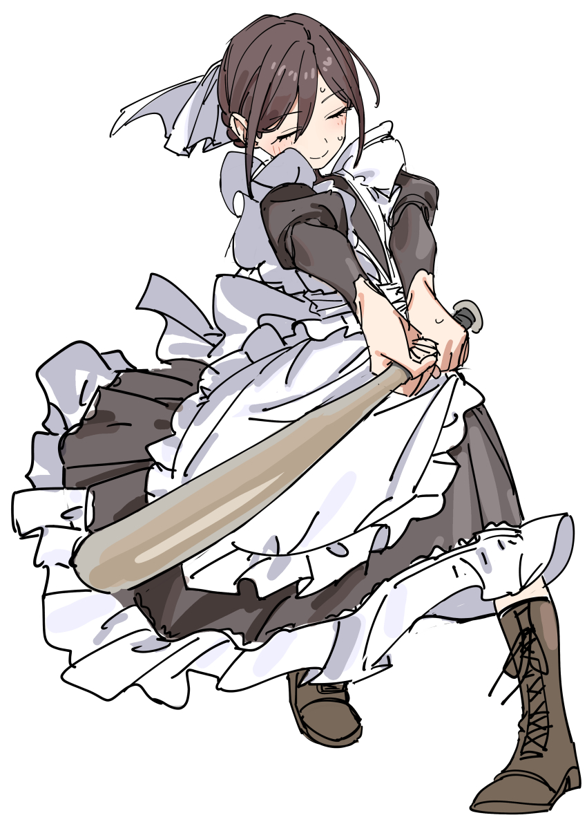 1girl, absurdres, apron, baseball_bat, black_dress, blush, boots, brown_boots