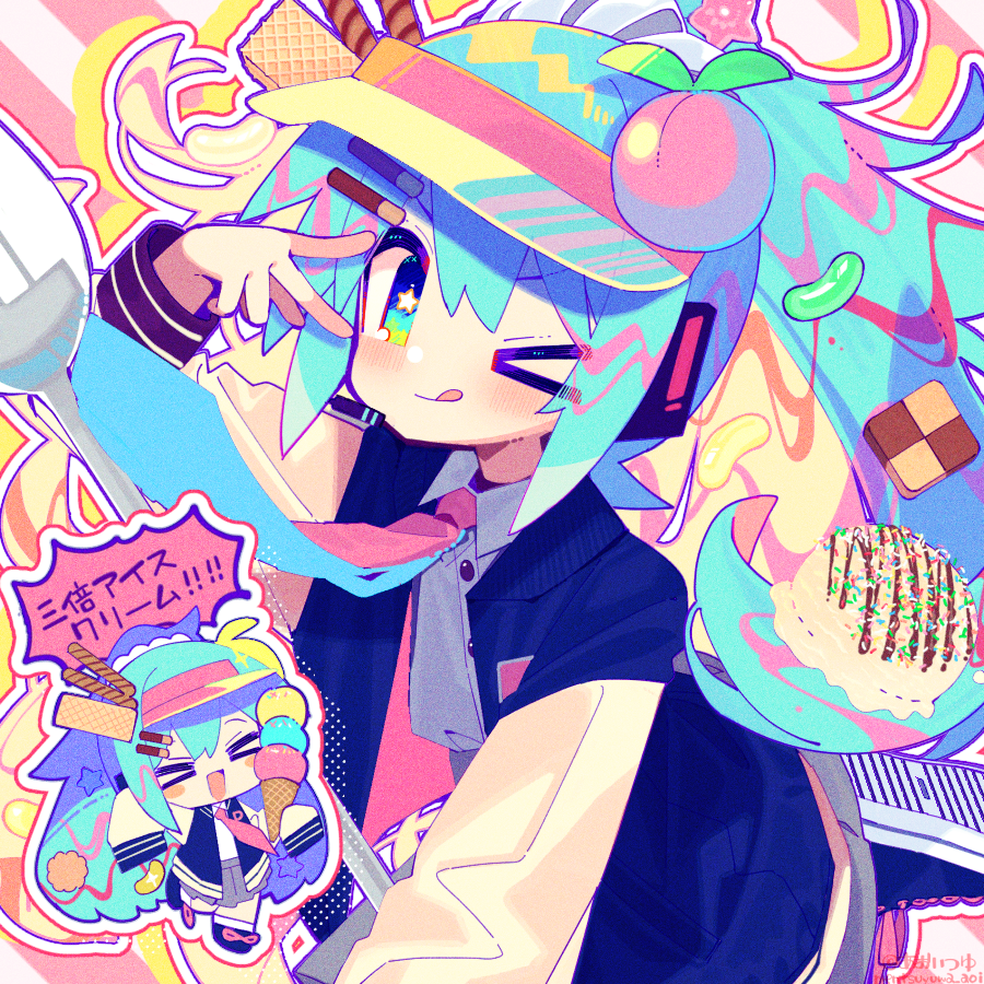 >_<, >_o, 1girl, aoi_tsuyu, blue_hair, blue_hat, blush, candy
