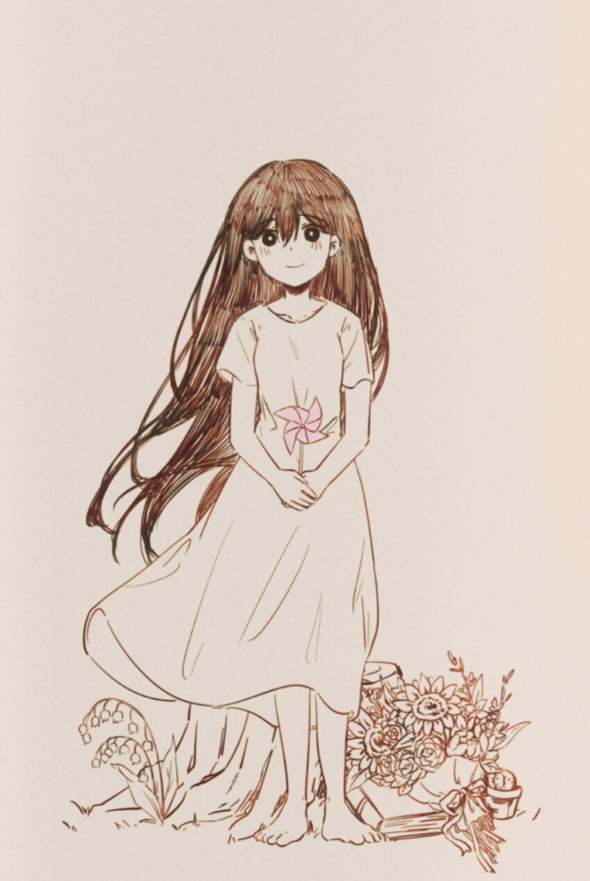 1girl, bailan1130, barefoot, black_eyes, black_hair, book, bouquet, bright_pupils