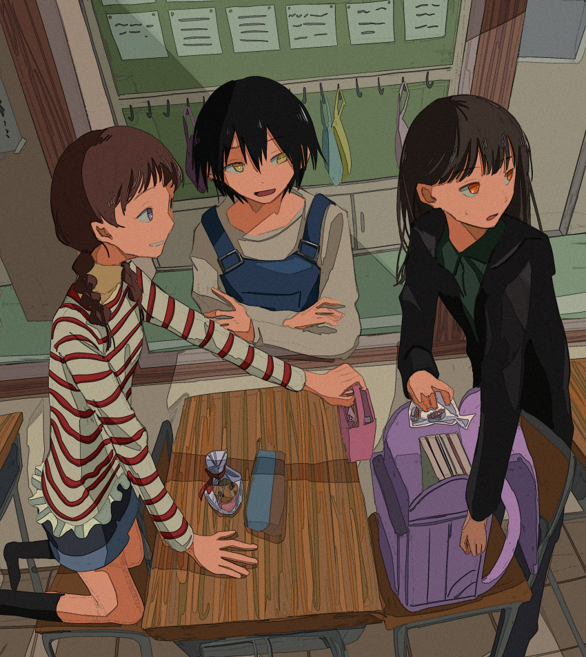 3girls, absurdres, amamoto_air, bag, blonde_hair, blue_overalls, brown_hair, chair, classroom, commentary, desk, highres, horizontal-striped_clothes, low_twintails, multiple_girls, orange_eyes, original, overalls, plastic_bag, school_bag, school_chair, school_desk, short_hair, twintails, valentine