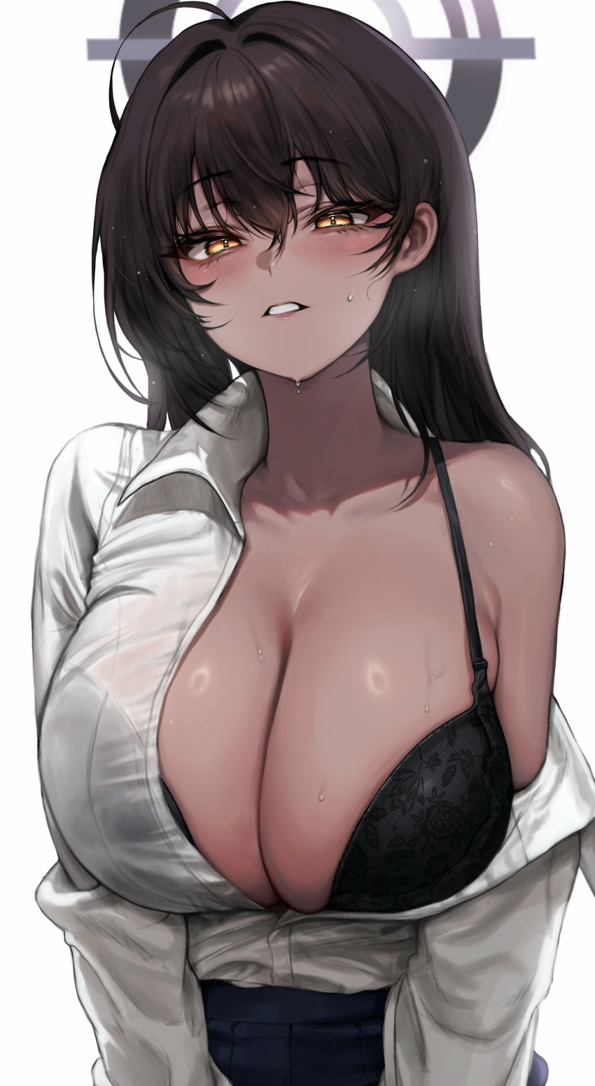 1girl, absurdres, black_bra, blue_archive, blue_skirt, blush, bra, breasts, cleavage, collarbone, commentary_request, dark-skinned_female, dark_skin, gadeung_hye, hair_between_eyes, hair_intakes, halo, highres, karin_(blue_archive), karin_(school_uniform)_(blue_archive), large_breasts, long_hair, looking_at_viewer, see-through_clothes, see-through_shirt, shirt, shirt_tucked_in, simple_background, single_bare_shoulder, single_off_shoulder, skirt, solo, sweat, underwear, upper_body, very_long_hair, white_background, white_shirt, yellow_eyes