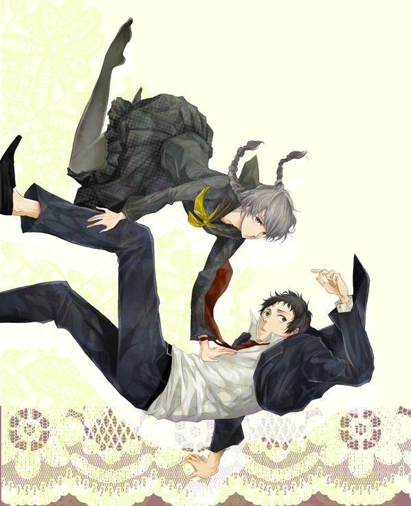 2boys, adachi_tooru, atlus, bad_id, bad_pixiv_id, black_hair, black_legwear, braid