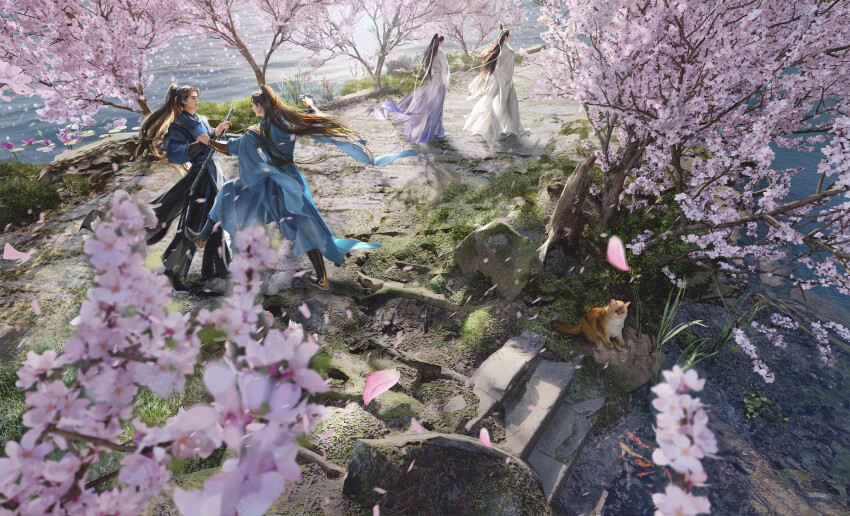 1girl, 3boys, absurdres, arms_behind_back, black_boots, blue_hanfu, blue_ribbon, boots, brown_eyes, brown_hair, cat, chinese_clothes, chu_wanning, clenched_hand, erha_he_ta_de_bai_mao_shizun, falling_petals, flower, foliage, grass, hair_bun, half_updo, hanfu, highres, holding, holding_sword, holding_weapon, jianya_chi, long_hair, long_sleeves, looking_at_another, lotus, lotus_leaf, mo_ran, multiple_boys, open_mouth, outdoors, petals, pink_flower, realistic, ribbon, ribboned_xiao_guan, rock, sheath, sheathed, shi_mei, stairs, standing, stone_floor, stone_stairs, sword, water, weapon, white_hanfu, white_ribbon, wide_sleeves, xiao_guan_(headdress), xue_meng