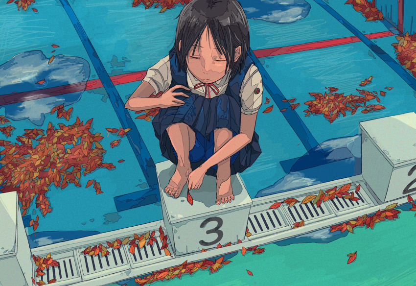 1girl, amamoto_air, autumn_leaves, barefoot, black_hair, closed_eyes, commentary, dress
