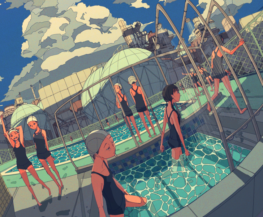 6+girls, amamoto_air, black_hair, blue_one-piece_swimsuit, blue_sky, cloud, commentary, footprints