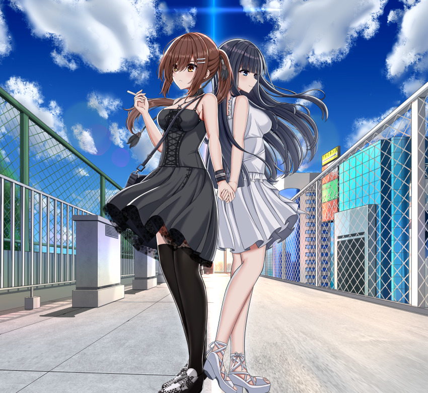 2girls, parallel_hairclips, absurdres, back-to-back, black_dress, black_hair, black_shoes, black_thighhighs