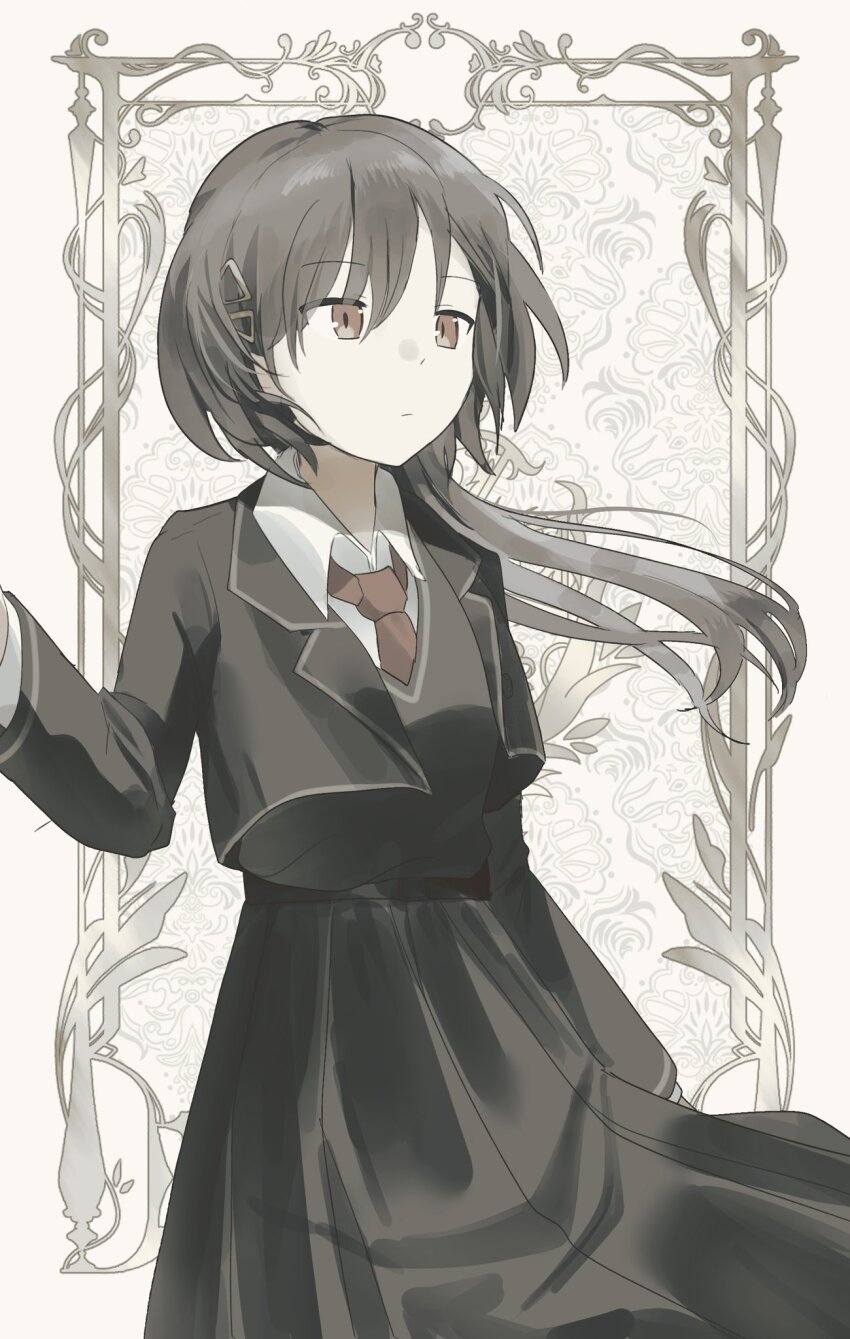 1girl, black_hair, black_jacket, black_skirt, black_sweater_vest, blazer, border, brown_eyes