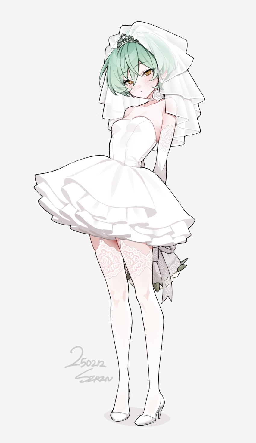 1girl, blush, bouquet, breasts, bride, choker, dated, dress