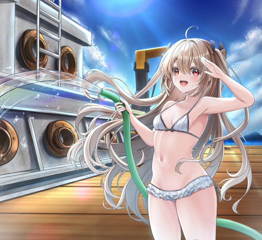 1girl, :d, absurdres, ahoge, atri, atri-my_dear_moments-, backlighting, bare_arms