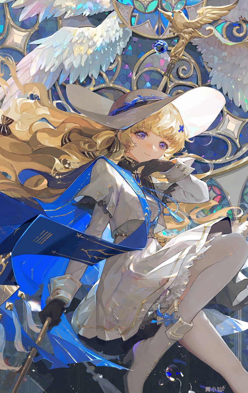 1girl, black_gloves, blonde_hair, blue_eyes, blue_sash, boots, closed_mouth, commentary