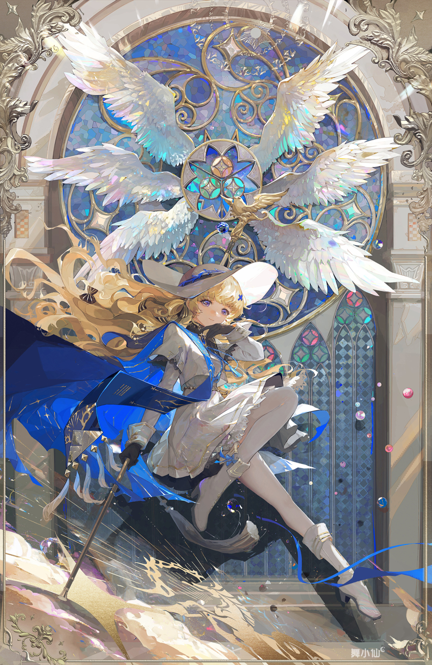 1girl, black_gloves, blonde_hair, blue_eyes, blue_sash, boots, closed_mouth, commentary