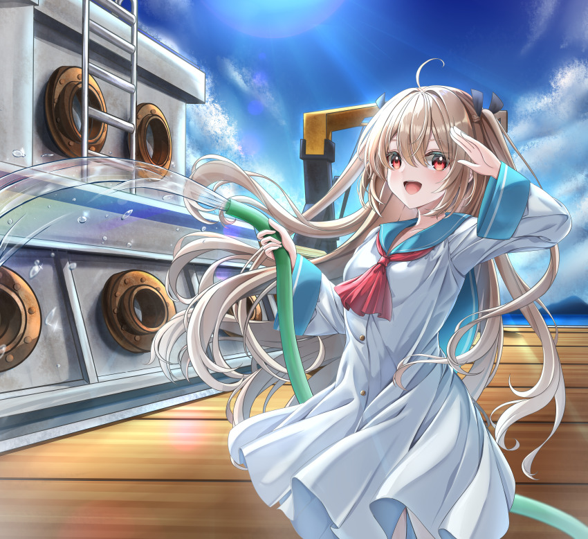 1girl, :d, absurdres, ahoge, ascot, atri, atri-my_dear_moments-, backlighting