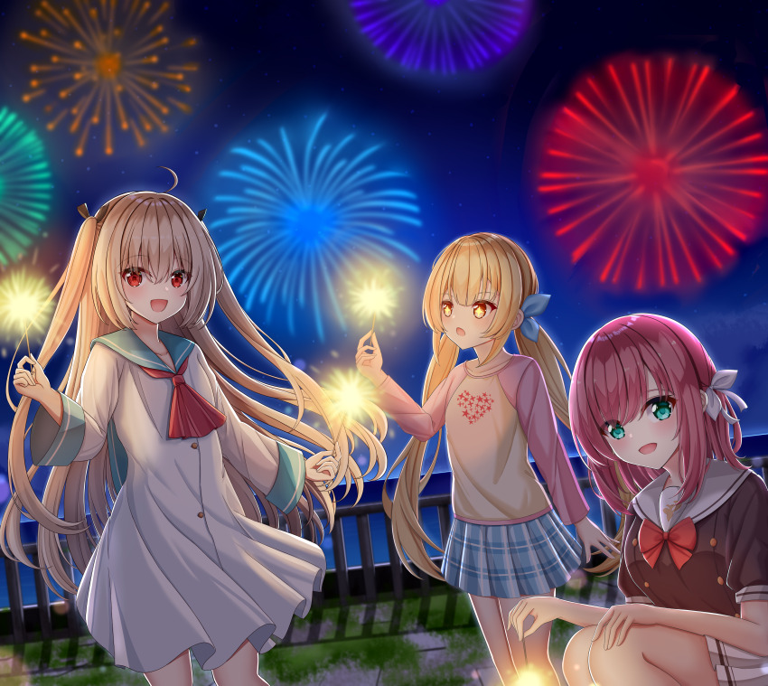 +_+, 3girls, :d, :o, absurdres, aerial_fireworks, ahoge, aqua_eyes