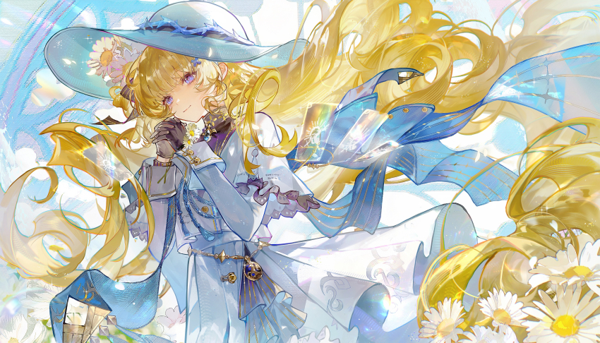 1girl, absurdres, black_collar, black_gloves, blonde_hair, blue_eyes, chinese_commentary, chromatic_aberration, closed_mouth, collar, colyba, commentary_request, cowboy_shot, flower, gloves, hair_ornament, hat, highres, long_hair, long_sleeves, looking_ahead, own_hands_clasped, own_hands_together, phoebe_(wuthering_waves), shirt, skirt, smile, solo, white_flower, white_hat, white_shirt, white_skirt, wuthering_waves, x_hair_ornament