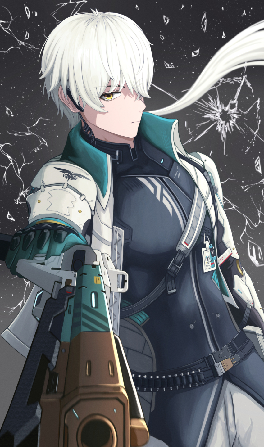 1boy, absurdres, aiming, aiming_at_viewer, black_shirt, broken_glass, closed_mouth, collared_jacket