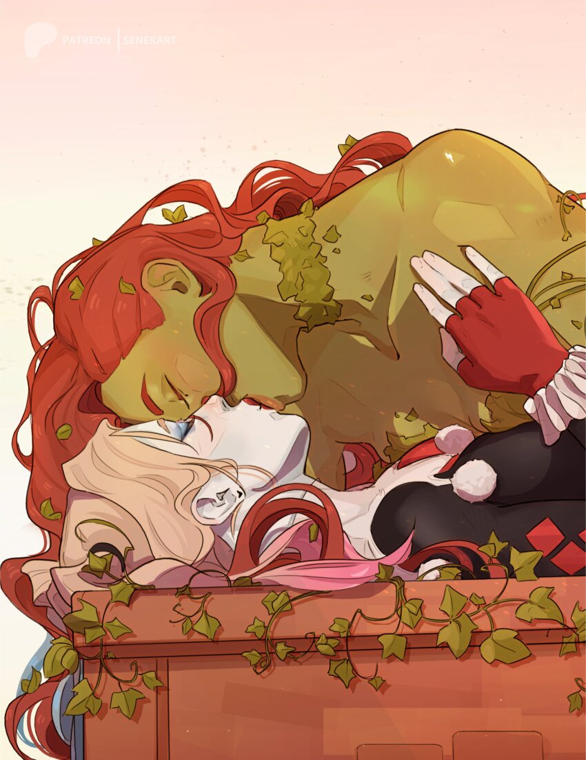2girls, absurdres, bare_shoulders, batman_(series), blonde_hair, blue_hair, closed_eyes, colored_skin, commentary, dc_comics, english_commentary, eyeshadow, fingerless_gloves, freckles, gloves, gradient_background, gradient_hair, green_skin, harley_quinn, harley_quinn_(cartoon), highres, kiss, leaf, makeup, multicolored_hair, multiple_girls, patreon_username, pink_hair, poison_ivy, red_gloves, senekart, white_facepaint, yuri