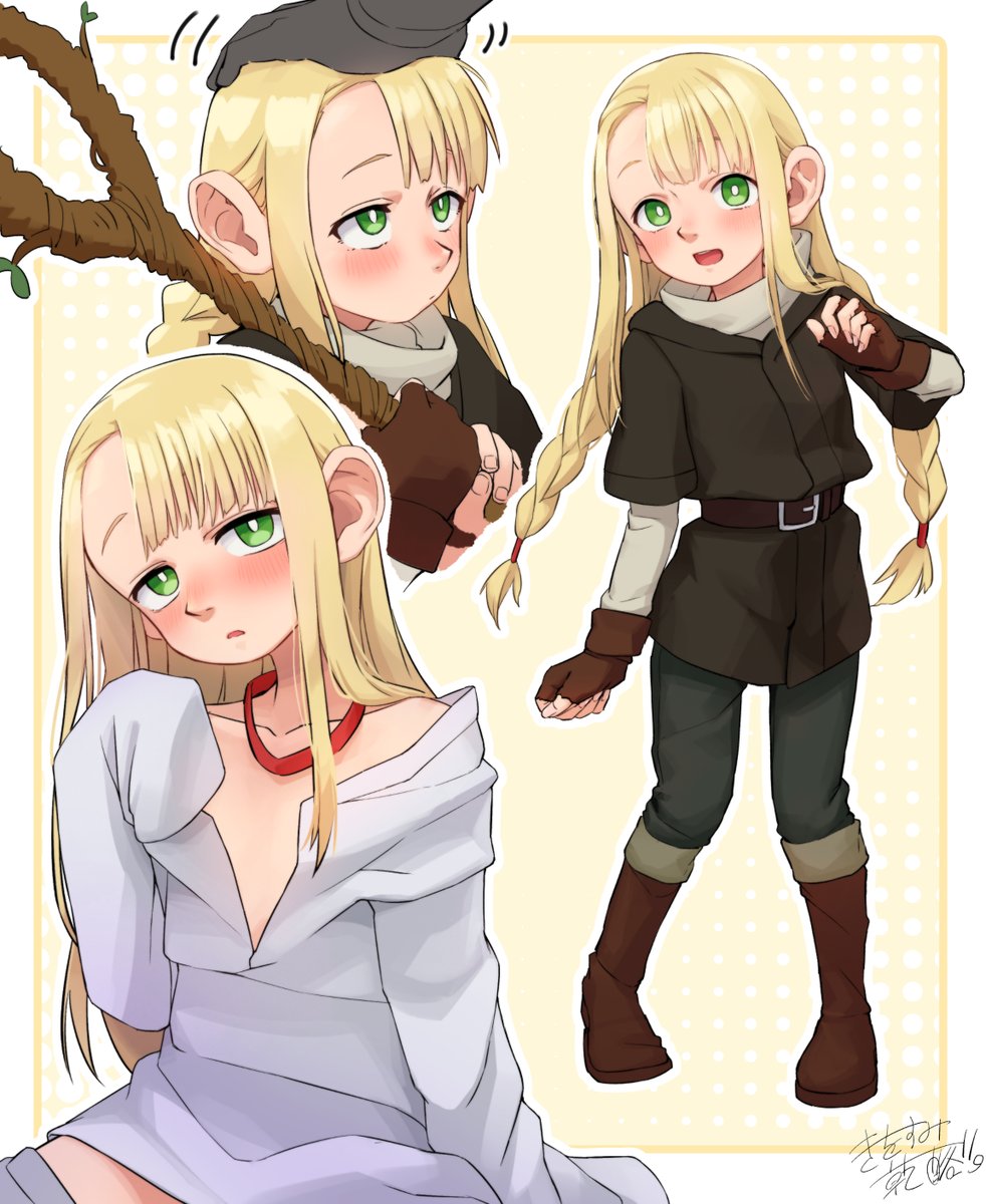 1girl, blonde_hair, blush, boots, braid, brown_boots, brown_gloves, cheese_(cheese_koubou)