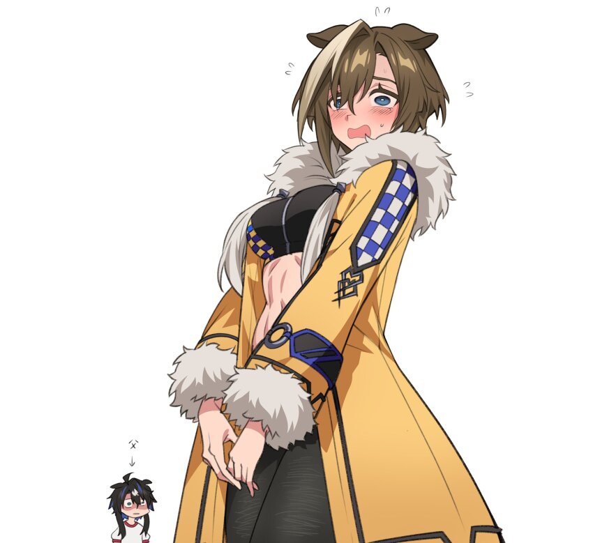 2girls, ahoge, animal_ears, bandeau, black_bandeau, black_hair, black_pants, blue_eyes