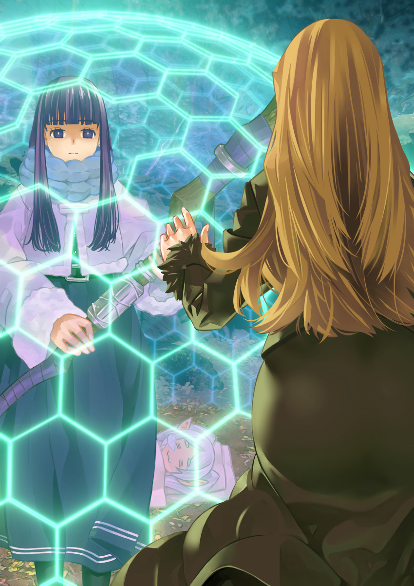 3girls, :3, absurdres, blonde_hair, blunt_bangs, commentary_request, energy_barrier, energy_shield