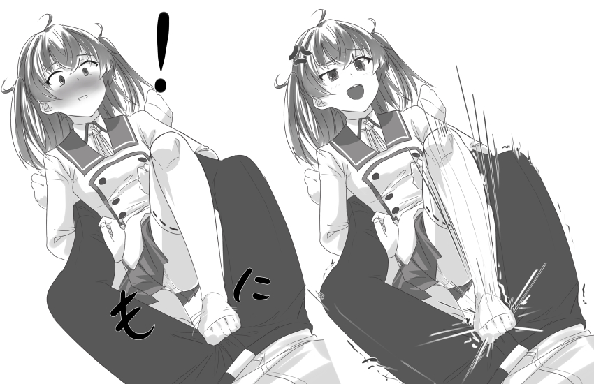 !, 1boy, 1girl, absurdres, ahoge, anger_vein, asakura_mihono, ball_busting, bdsm, blush, cbt, commentary_request, crotch_stomping, femdom, footjob, footjob_with_legwear, greyscale, hetero, highres, jacket, mashitono_desu, medium_hair, minoseki_academy_school_uniform, monochrome, motion_lines, neck_ribbon, open_mouth, pants, pleated_skirt, raised_eyebrows, ribbon, sailor_collar, school_uniform, shirt, simple_background, skirt, socks, stomping, thighhighs, toji_no_miko, trembling, two_side_up, uneven_eyes, white_background, winter_uniform