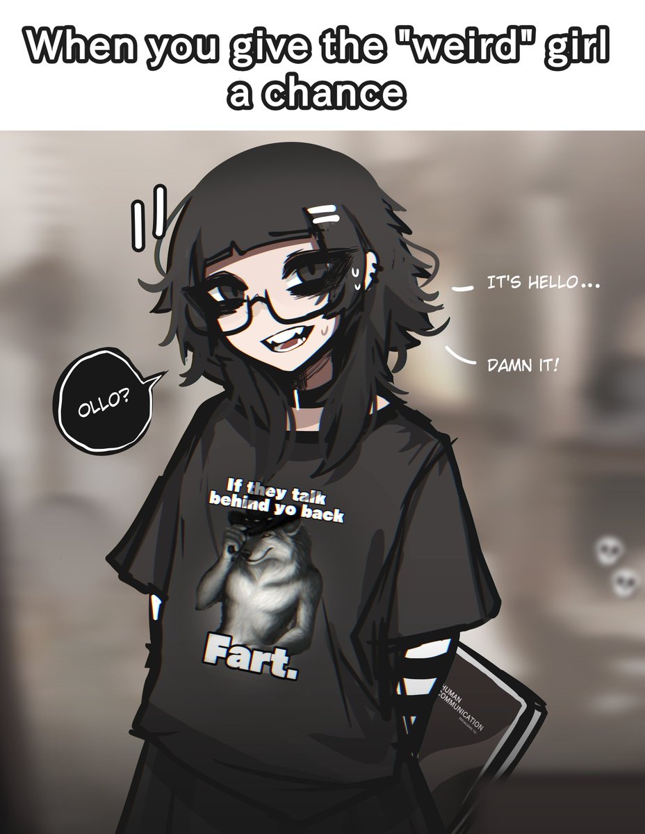 1girl, :d, arms_behind_back, black-framed_eyewear, black_choker, black_hair, black_shirt, blunt_bangs