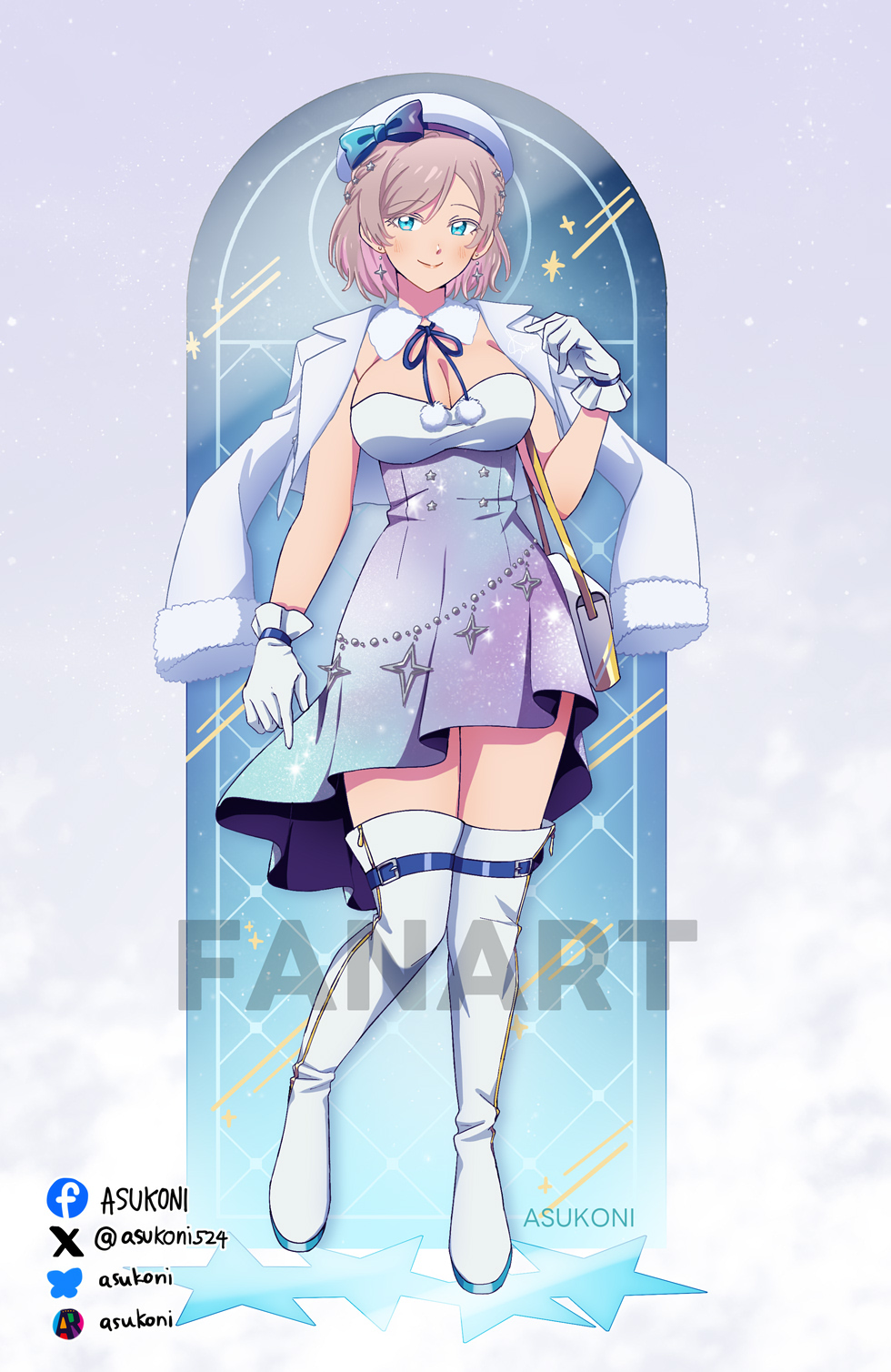 1girl, bare_shoulders, blue_eyes, boots, breasts, clothes_on_shoulders, dress, gloves