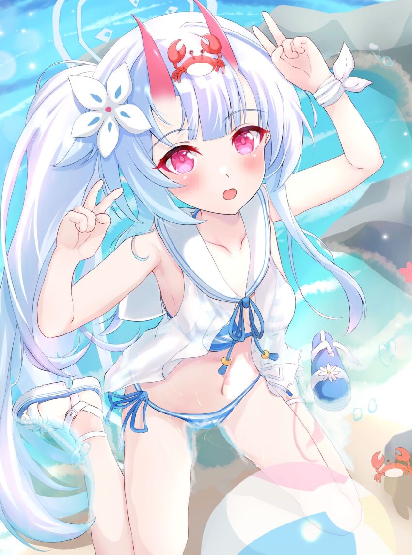 1girl, ball, bare_shoulders, beachball, bikini, blue_archive, blue_hair, blue_halo