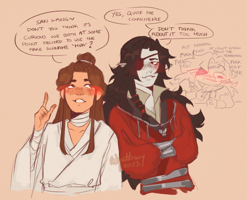 2boys, arm_wrap, bandaged_neck, bandages, belt, black_hair, blush, bracer