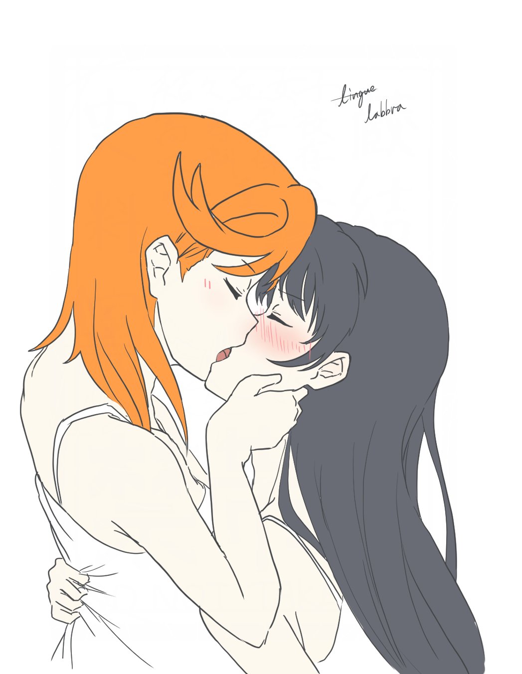 2girls, bare_shoulders, black_hair, blush, camisole, commentary_request, french_kiss, hand_on_another's_cheek, hand_on_another's_face, hazuki_ren, highres, kiss, long_hair, love_live!, love_live!_superstar!!, multiple_girls, necosaghi, nose_blush, open_mouth, orange_hair, shibuya_kanon, simple_background, translation_request, upper_body, very_long_hair, white_background, white_camisole, yuri