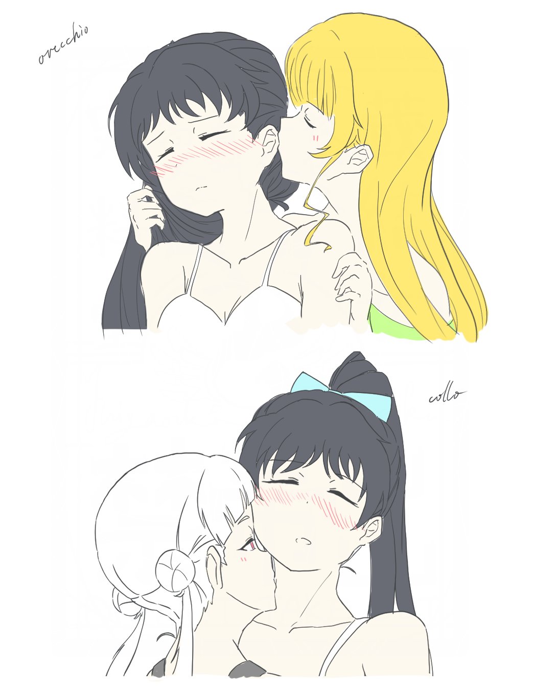 3girls, arashi_chisato, bare_shoulders, black_hair, blonde_hair, blue_bow, blunt_bangs, blush, bow, breasts, cleavage, closed_eyes, collarbone, commentary_request, double_bun, frown, hair_bow, hair_bun, hair_down, hazuki_ren, heanna_sumire, high_ponytail, highres, holding_another's_hair, kiss, kissing_ear, kissing_neck, long_hair, looking_at_another, love_live!, love_live!_superstar!!, medium_breasts, multiple_girls, necosaghi, nose_blush, pink_eyes, ponytail, sidelocks, simple_background, translation_request, twintails, very_long_hair, white_background, white_hair, yuri