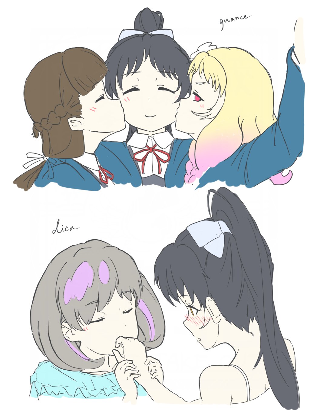4girls, ^_^, blonde_hair, blue_jacket, blue_shirt, blunt_bangs, blush, braid