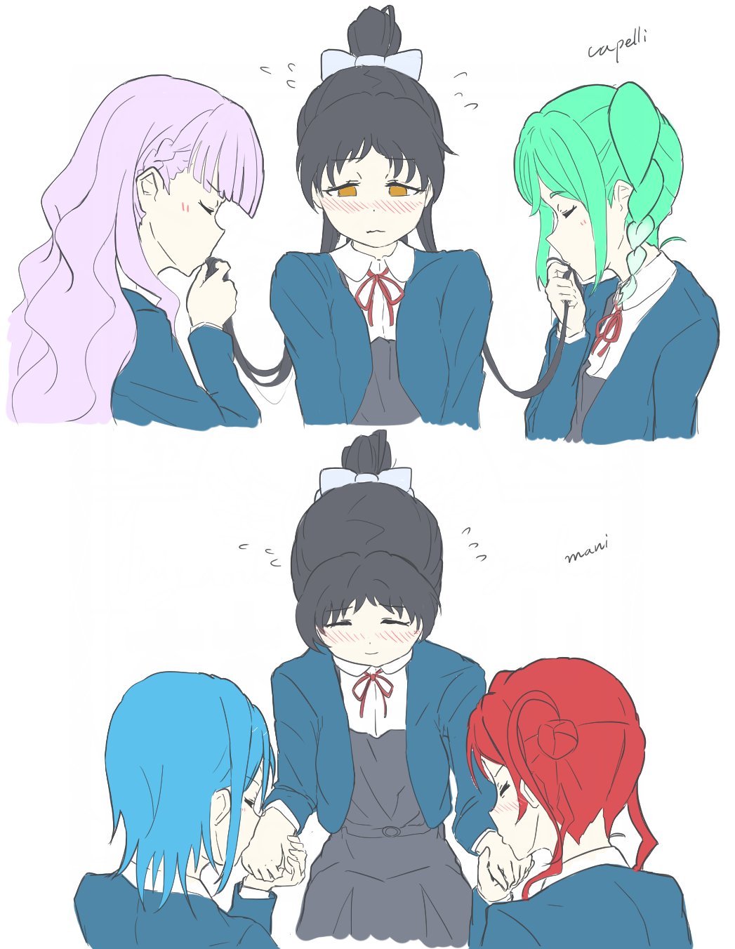 5girls, aqua_hair, black_hair, blue_hair, blue_jacket, blunt_bangs, blush, braid