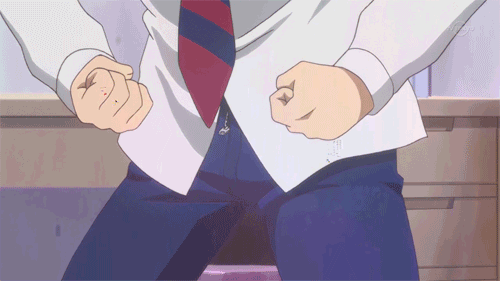 3boys, animated, animated_gif, anime_screenshot, black_hair, blonde_hair, danshi_koukousei_no_nichijou, looking_at_another, lowres, multiple_boys, necktie, open_mouth, surprised, sweat, tabata_hidenori, tadakuni_(danshi_kokosei_no_nichijou), tanaka_yoshitake, trembling, unzipping, zipper