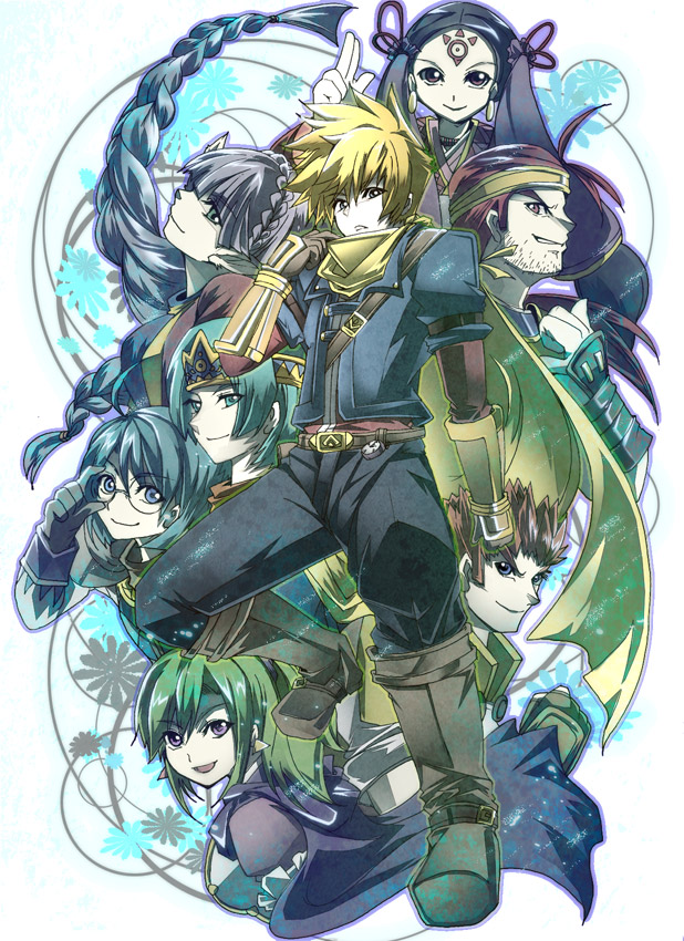 3girls, 5boys, amiti_(golden_sun), animal_ears, blue_eyes, blue_hair, braid, cape