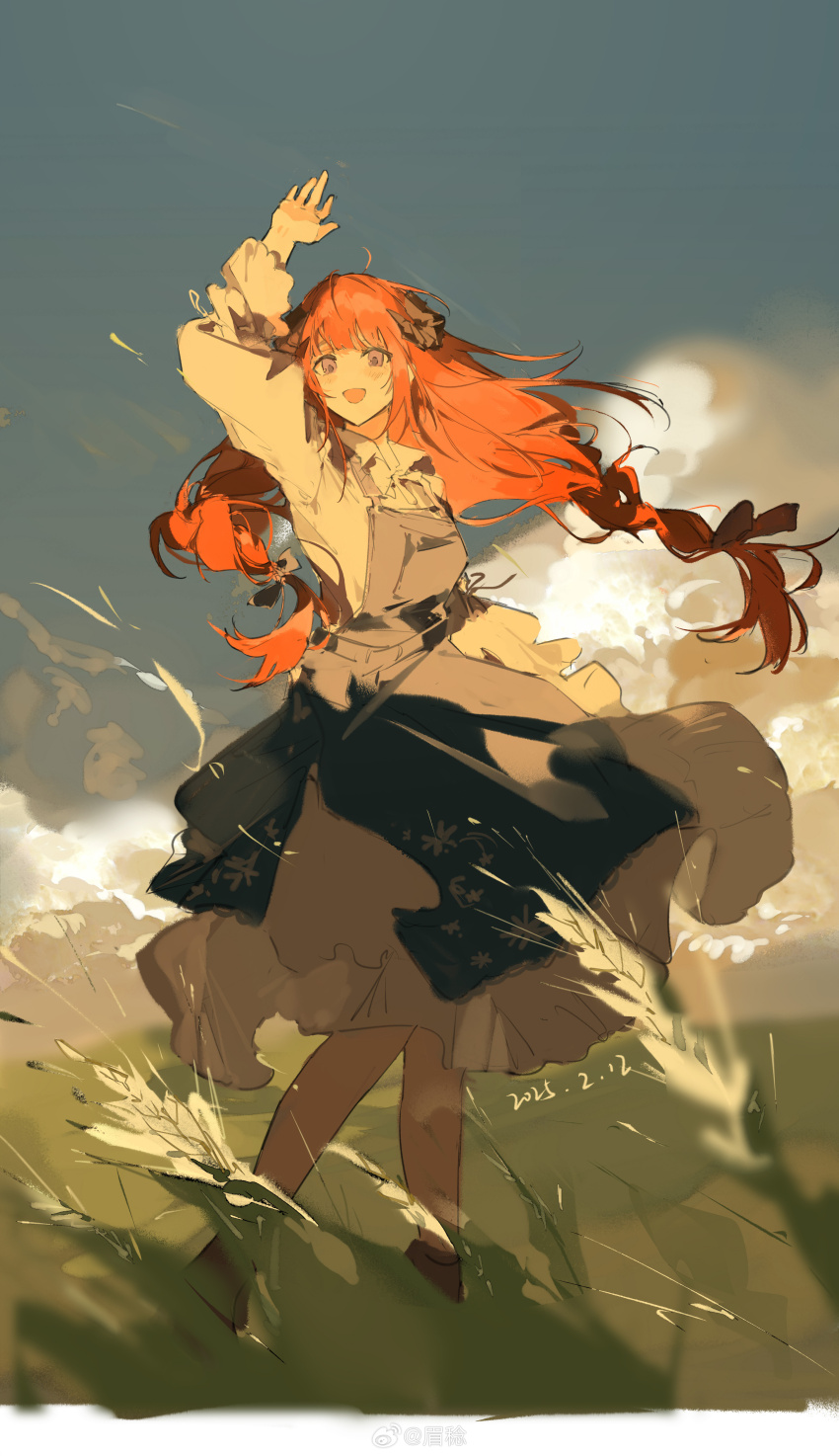 1girl, :d, absurdres, arknights, arm_up, bagpipe_(arknights), bagpipe_(echo_of_bagpipes)_(arknights), black_bow