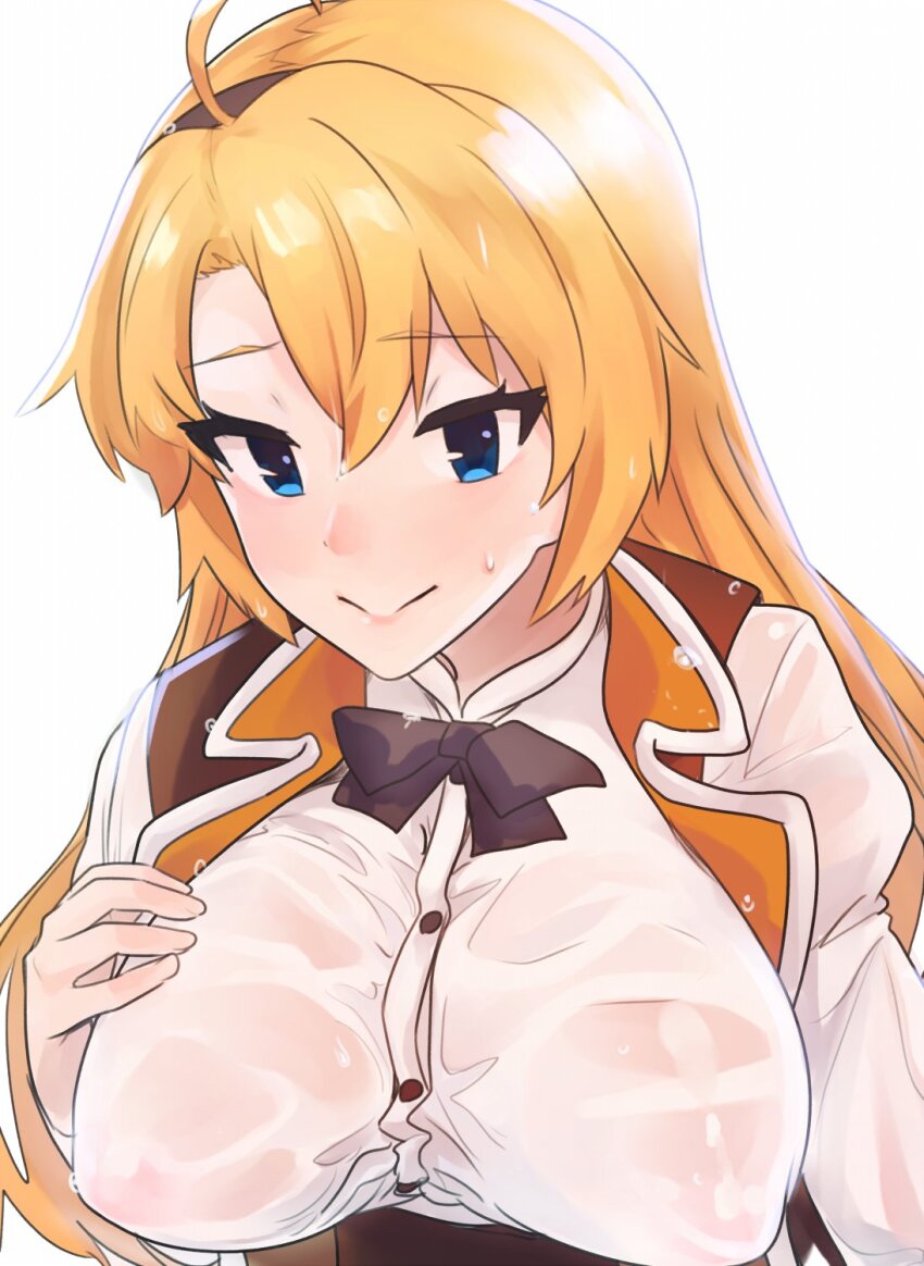 1girl, black_bow, black_bowtie, blonde_hair, blue_eyes, bow, bowtie, breasts