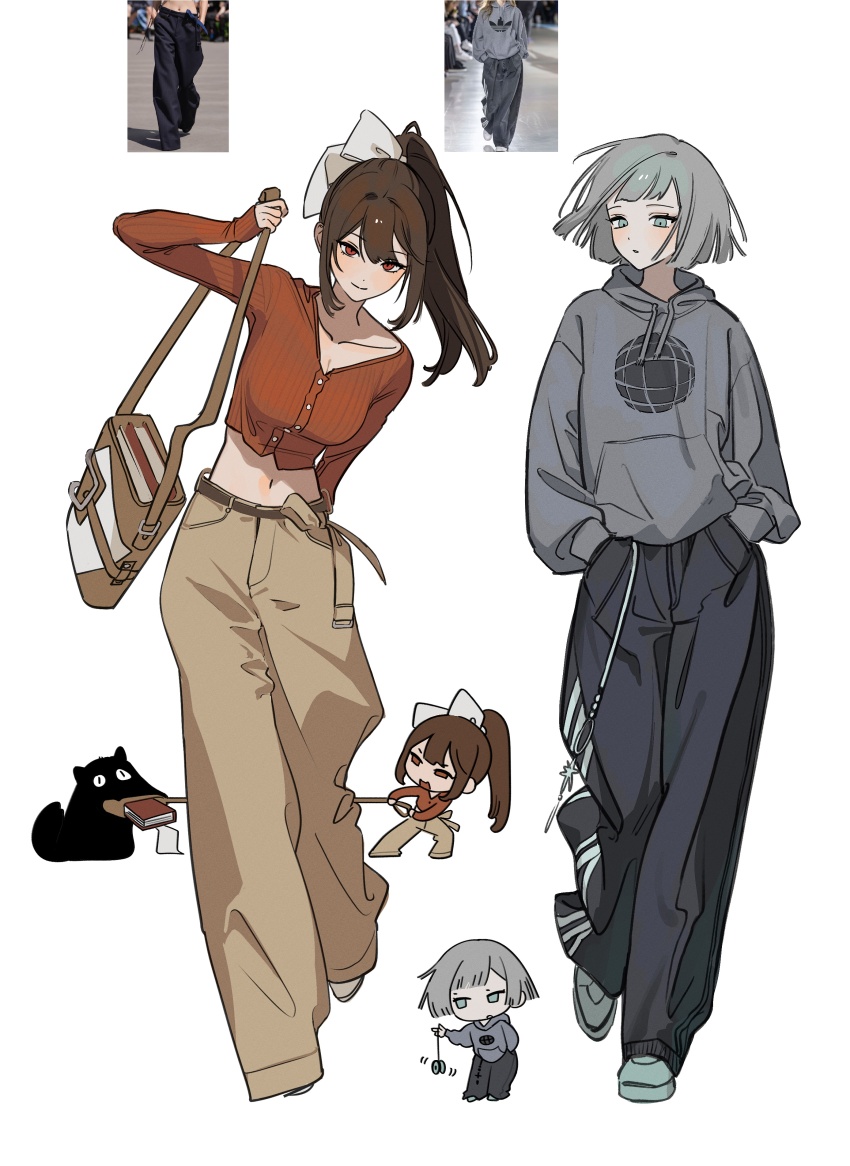 2girls, absurdres, aqua_eyes, aqua_shoes, bag, black_pants, breasts, brown_hair, brown_pants, cardigan, chibi, chibi_inset, cleavage, commentary, cropped_cardigan, full_body, grey_hair, grey_hoodie, hands_in_pockets, high_ponytail, highres, holding, holding_bag, hood, hood_down, hoodie, loose_pants, mercuria_(reverse:1999), midriff, multiple_girls, pants, photo-referenced, ponytail, red_cardigan, red_eyes, reference_inset, reverse:1999, semmelweis_(reverse:1999), shoes, sweatpants, szztzzs, v-neck, yo-yo