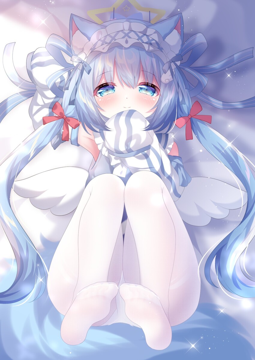 1girl, animal_ear_fluff, animal_ears, arm_up, arm_warmers, blue_arm_warmers, blue_eyes, blue_hair